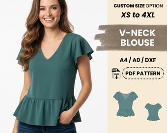 V-Neck Peplum Blouse Sewing Pattern | Flutter Sleeve Women’s Top XS–4XL | Easy Beginner Friendly | Digital PDF Pattern