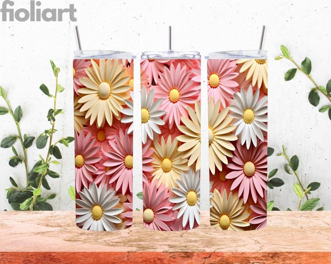 3D White Yellow Pink Daisies Seamless 20 Oz Skinny Tumbler Sublimation ...