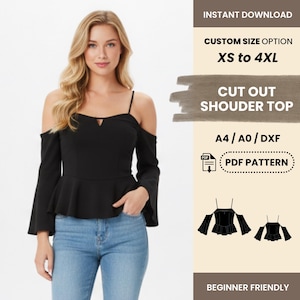 May include: A black cut-out shoulder top with long sleeves and a peplum waist. The top is paired with blue jeans. Text on the image reads "INSTANT DOWNLOAD", "CUSTOM SIZE OPTION XS to 4XL", "CUT OUT SHOUDER TOP", and "PDF PATTERN".