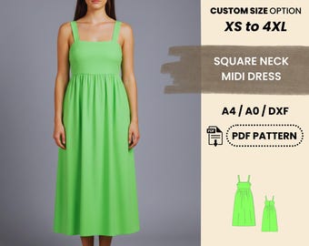 Patrón de costura para vestido midi de escote cuadrado / Vestido de verano para mujer tallas XS-4XL / Patrón PDF fácil y práctico para principiantes