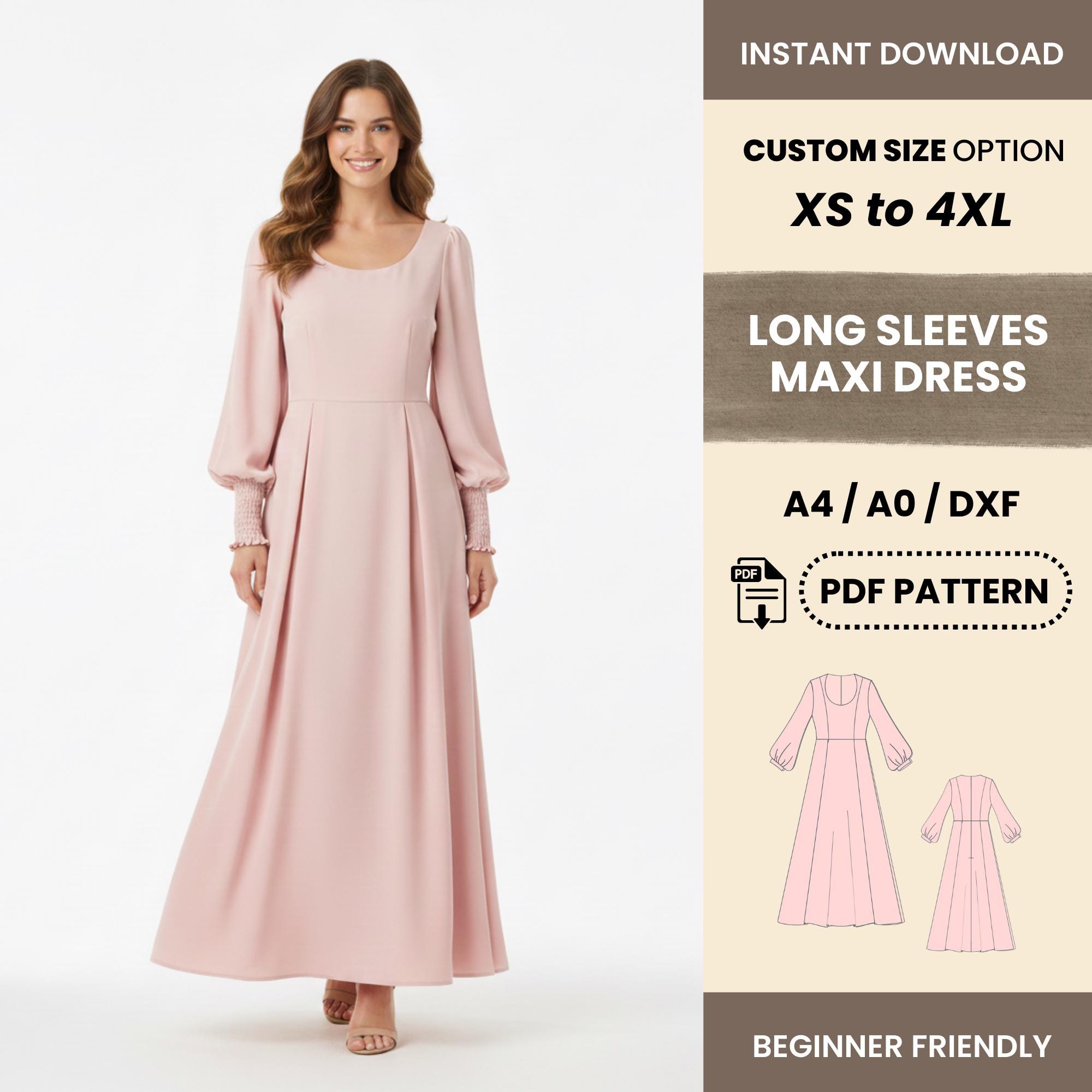 Long Sleeve Maxi Dress Sewing Pattern | Elegant Scoop Neck Gown XS4XL |flowy A-line Dress With Shirred Cuffs |beginner Friendly PDF Pattern - Etsy Long Sleeve Maxi Dress Sewing Pattern | Elegant Scoop Neck Gown XS4XL |flowy A-line Dress With Shirred Cuffs |beginner Friendly PDF Pattern - Etsy