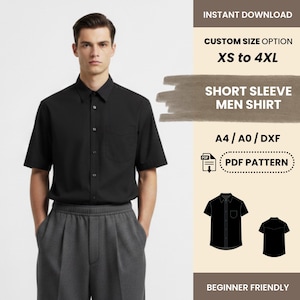 Puede incluir: Una camisa negra de manga corta con bolsillo en el pecho. La imagen incluye el texto "DESCARGA INSTANTÁNEA", "OPCIÓN DE TALLA PERSONALIZADA XS a 4XL" y "CAMISA DE HOMBRE DE MANGA CORTA". También se muestra un patrón PDF.