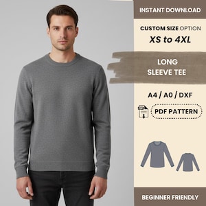 Pode incluir: Uma camiseta cinza de manga comprida é mostrada em uma pessoa. A imagem inclui o texto "DOWNLOAD INSTANTÂNEO", "OPÇÃO DE TAMANHO PERSONALIZADO XS a 4XL", "CAMISETA DE MANGA COMPRIDA", "A4/A0/DXF", "PADRÃO PDF" e "AMIGÁVEL PARA INICIANTES".