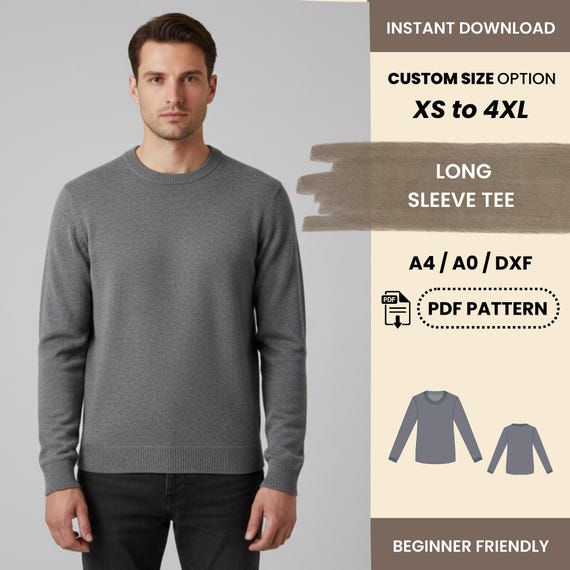Men’s Long Sleeve Tee Sewing Pattern | Crew Neck Shirt XS–4XL | Easy Beginner Friendly PDF Pattern