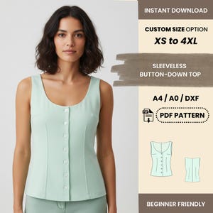 Pode incluir: Um top sem mangas com botões verde menta, com decote redondo e uma fila de botões. A imagem mostra um padrão PDF disponível nos tamanhos XS a 4XL. O texto indica que o padrão é adequado para iniciantes.