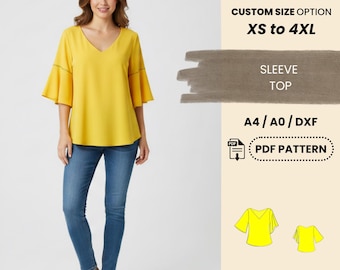 V-Neck Bell Sleeve Top PDF Pattern | Women's Flare Sleeve Blouse XS–4XL | Easy Beginner Friendly PDF Pattern