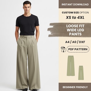 以下が含まれることがあります： 黒いTシャツとオリーブグリーンのワイドレッグパンツを着用した人。画像には「INSTANT DOWNLOAD」、「CUSTOM SIZE OPTION XS to 4XL」、「LOOSE FIT WIDE LEG PANTS」、「PDF PATTERN」、「BEGINNER FRIENDLY」というテキストが含まれています。