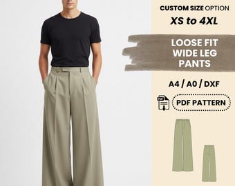 Men’s Loose Fit Wide Leg Pants Sewing Pattern | Classic Relaxed Trousers XS–4XL | Custom Size Option | Beginner Friendly Digital PDF Pattern