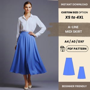 May include: A woman wearing a white button-down shirt and a blue A-line midi skirt. The image includes text that says "Instant Download", "Custom Size Option XS to 4XL", "A-Line Midi Skirt", and "PDF Pattern".