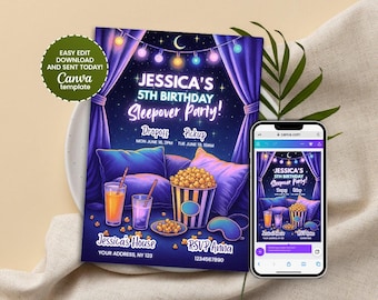 May include: A digital invitation for a 5th birthday sleepover party. The design features a purple and blue color scheme with illustrations of popcorn, drinks, and pillows. The invitation includes the text "Jessica's 5th Birthday Sleepover Party!"