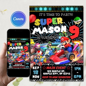 Mario Kart Geburtstagskind einladen | Mario Geburtstagseinladung | Mario Geburtstagsparty Mottokarte | Digital einladen | Kinder-Geburtstags-Einladung
