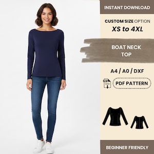 Könnte beinhalten: Eine Frau trägt ein marineblaues Bootshals-Top und blaue Jeans. Das Bild enthält den Text "SOFORTIGER DOWNLOAD", "INDIVIDUELLE GRÖSSENOPTION XS bis 4XL", "BOOTSHALS-TOP", "A4/A0/DXF", "PDF-MUSTER" und "ANFÄNGERFREUNDLICH".