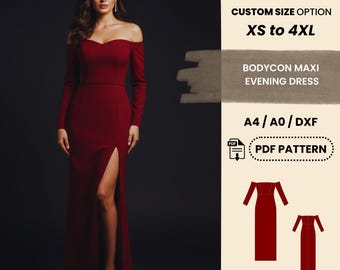 Bodycon Maxi Abendkleid Schnittmuster | Off-Shoulder-Langarm-Kleid XS–4XL | Einfache anfängerfreundliche PDF-Häkelanleitung