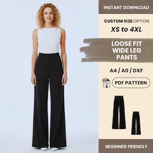 以下が含まれることがあります： 白いノースリーブのトップスと黒のワイドレッグパンツを着た女性。画像には「INSTANT DOWNLOAD」、「CUSTOM SIZE OPTION XS to 4XL」、「LOOSE FIT WIDE LEG PANTS」、「PDF PATTERN」、「BEGINNER FRIENDLY」というテキストが含まれています。