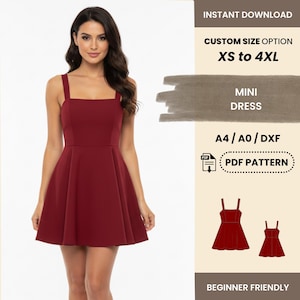 Puede incluir: Un minivestido burdeos con escote cuadrado y falda acampanada. La imagen incluye el texto "DESCARGA INSTANTÁNEA", "OPCIÓN DE TALLA PERSONALIZADA XS a 4XL", "MINI VESTIDO", "PATRÓN PDF" y "AMIGABLE PARA PRINCIPIANTES".