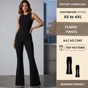 Puede incluir: Una mujer con un mono negro sin mangas con pantalones acampanados. La imagen incluye texto que dice "DESCARGA INSTANTÁNEA", "OPCIÓN DE TALLA PERSONALIZADA XS a 4XL", "PANTALONES ACAMPANADOS", "A4/A0/DXF", "PATRÓN PDF" y "PRINCIPIANTE".