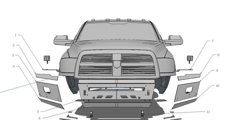 May include: A black and white line drawing of a truck front end with a detailed view of the grill and bumper. The image is labeled with numbers 1 through 11, indicating different parts of the truck.