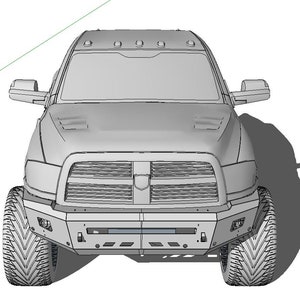 May include: A gray pickup truck with a black front bumper and a black grille. The truck has a black hood scoop and a black roof rack.