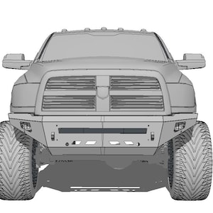 May include: A grey pickup truck with a large black front bumper and a black grille. The truck has large tyres and a black front bumper.