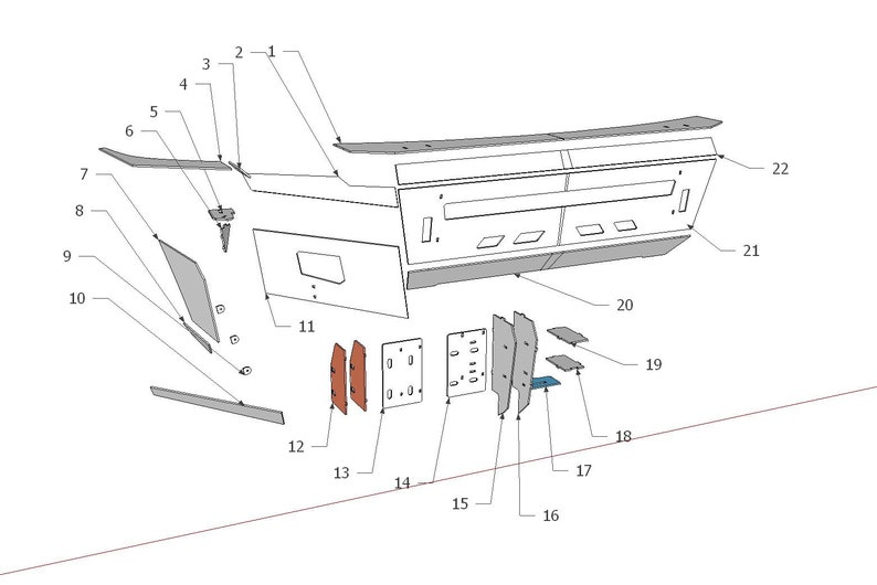 May include: Diagram showing the parts of a car dashboard, labelled with numbers 1 through 22. The dashboard is made of grey plastic and has a variety of controls and gauges. The diagram is drawn in black and white.