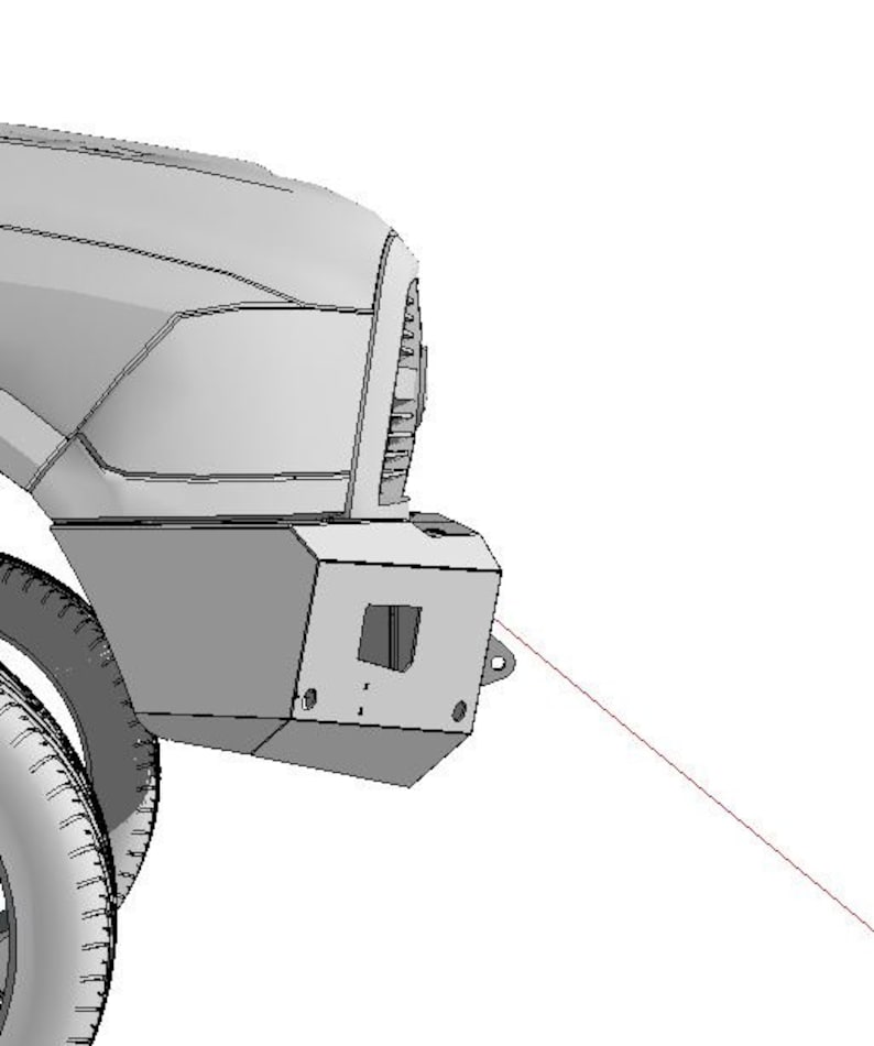 May include: A close-up of a gray truck front bumper with a black grille and a silver headlight. The bumper has a rectangular cutout in the center.