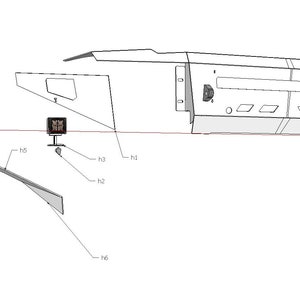 May include: A line drawing of a car part with multiple pieces labelled with letters and numbers. The part is made of metal and has a rectangular shape. The drawing is in black and white.