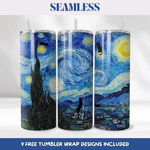 Könnte beinhalten: Drei Edelstahlbecher mit Deckeln und Strohhalmen, jeweils mit einem nahtlosen Design, das von Van Goghs Gemälde "Sternennacht" inspiriert wurde. Das Design beinhaltet eine schwarze Katzen-Silhouette. Die Texte "SEAMLESS" und "9 FREE TUMBLER WRAP DESIGNS INCLUDED" sind sichtbar.