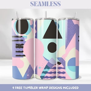 Könnte beinhalten: Drei Edelstahlbecher mit abstrakten geometrischen Designs in Pastellfarben. Jeder Becher hat einen Strohhalm und einen Deckel. Die Designs umfassen Formen wie Kreise, Dreiecke und Linien. Das Wort "SEAMLESS" steht oben.