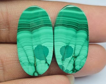 Puede incluir: Dos piedras preciosas de malaquita de forma ovalada con patrones de bandas distintivos en varios tonos de verde vibrante. Las piedras muestran anillos concéntricos naturales y líneas orgánicas en espiral en toda la superficie.