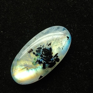 Rainbow Moonstone Cabochon with Black Inclusions – Natural Oval Gemstone for Jewelry Making, Blue Flash Crystal, 100% Genuine