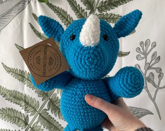 Crochet Rhino Plush | Handmade Acrylic Amigurumi, Safari Nursery Decor