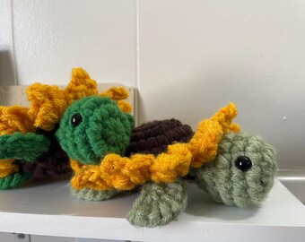 Handmade Sunflower Turtle Plushie | Crochet Turtle Flower Stuffed Animal | Green Reptile Plush
