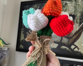 Handmade Tulip Bouquet | Crochet Flower Bunch | Red and White | Spring Flowers in Burlap