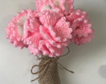 Handmade Carnation Bouquet | Crochet Flower Bunch | Pink and White | Spring Flowers in Burlap