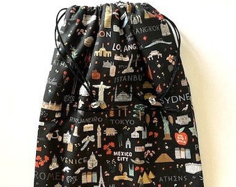 Travel Theme Shoe Bag 12 x 15 Lined Lingerie Gift Storage Utility Bag   WHERE ARE WE