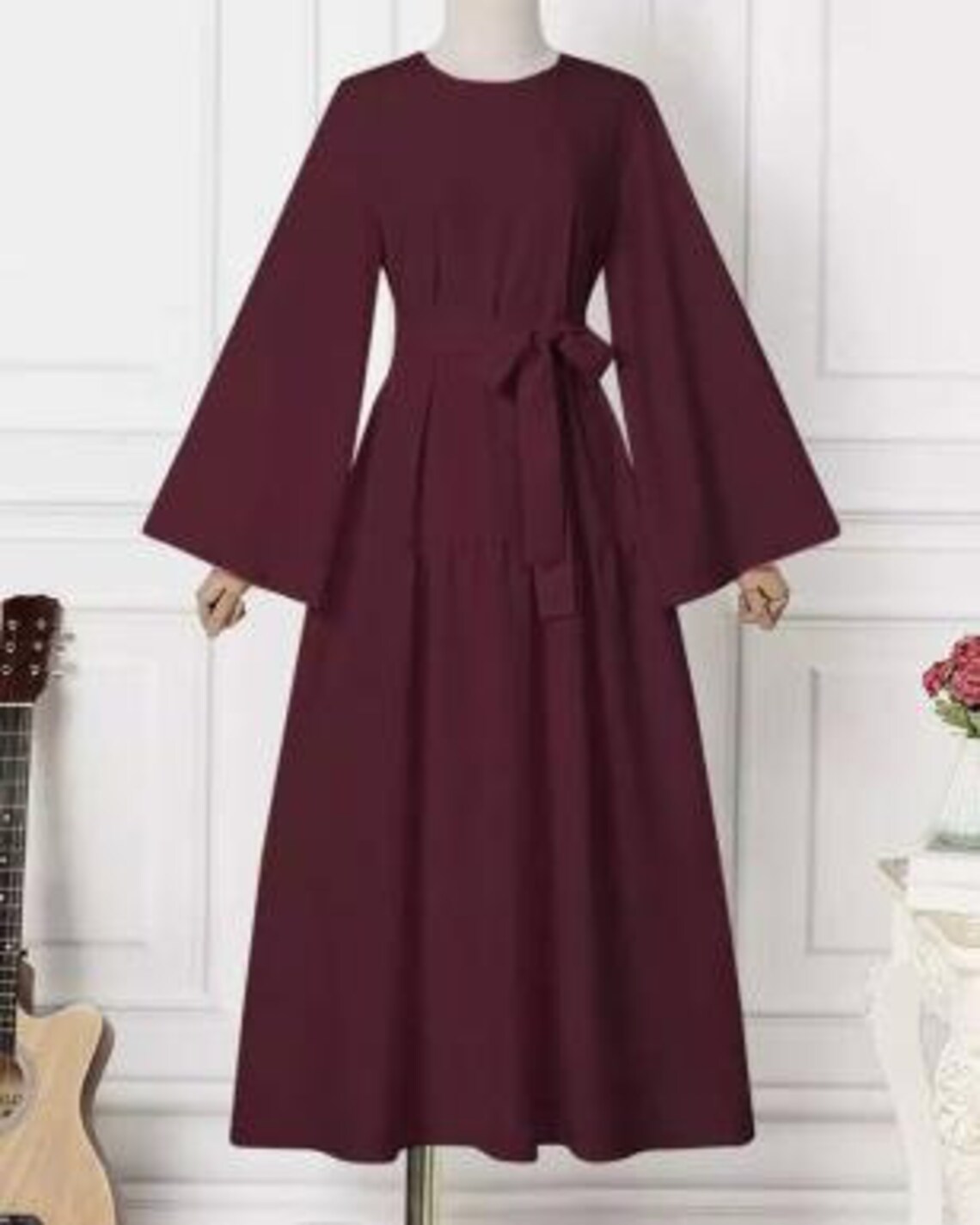 Modest Front And SleeveHand Embroidered Party Abaya Wine