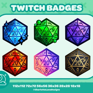 6 Dungeons and Dragons D20 Twitch Badges - D&D Badges for Twitch (and Discord) | Subscriber and Bit Badges / Emotes