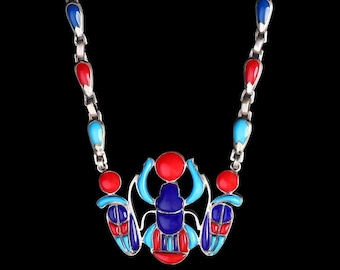 Ancient Egyptian Necklace Scarab and Cobras Handmade Gemstone Silver Vintage Egypt