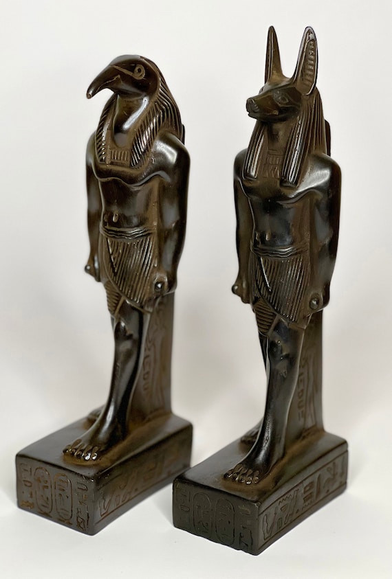 2 Egyptian Statue Anubis and Thoth, Ancient Egypt Gods Pharaoh Handmade Stone