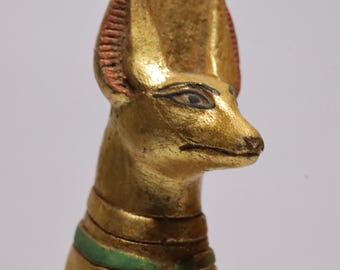 Egyptian God Anubis Dog Statue, Handmade Stone Sculpture Gold plate, Home Decor