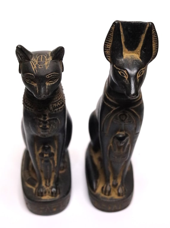 セットバステト猫とアヌビス像、スピリチュアル装飾エジプト神話アート