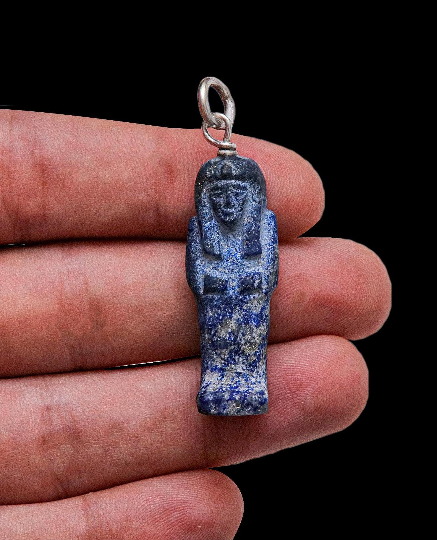 Egyptian Amulet Pendant Statue Handmade Sculpture Lapis Lazuli Blue Stone and Silver Egypt Antique