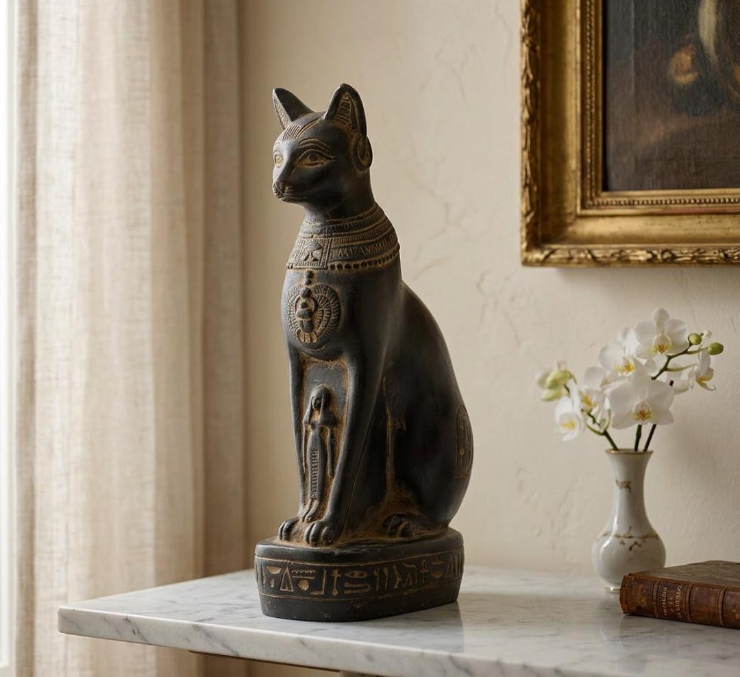 古代エジプトの黒猫バステト像、エジプト産手作り石彫刻｜博物館