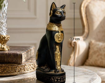 ヴィンテージ バステト猫の置物：エジプトの女神像、黒と金の装飾