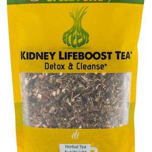 May include: A yellow pouch with a green top, labeled "Speedy Vite Lifeboost" and "Kidney LifeBoost Tea* Detox & Cleanse*". The pouch contains a brown herbal tea blend and has a label indicating "Herbal Tea Net Weight 4 oz/114g Herbal Supplement".