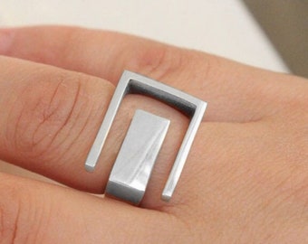 Open Signet Geometric Adjustable Ring For Women 925 Sterling Silver, Open Cuff Ring, Modern Ring, Unisex Jewelry, Minimalist Jewelry