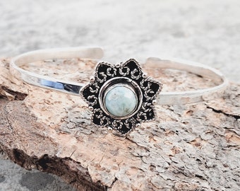 Larimar Flower Design Bangle, Handmade Bangle, 925 Sterling Silver Bangle, Dainty Bangle, Wedding Bangle, Gemstone Bangle, Natural Larimar**