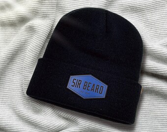 Black Cuffed Beanie with Blue Logo, Beard Beanie with Cuff, Black Beanie