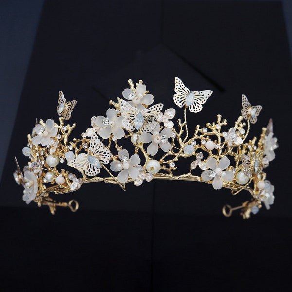 Gold/White Floral Butterfly Fairy Crown/Tiara with Pearls