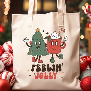 Feelin' Jolly Tote Bag, Retro Christmas Tote Bag, Cute Christmas Reusable Tote Bag, Feelin' Jolly Tote, Canvas Tote Bag, Christmas Gift Tote